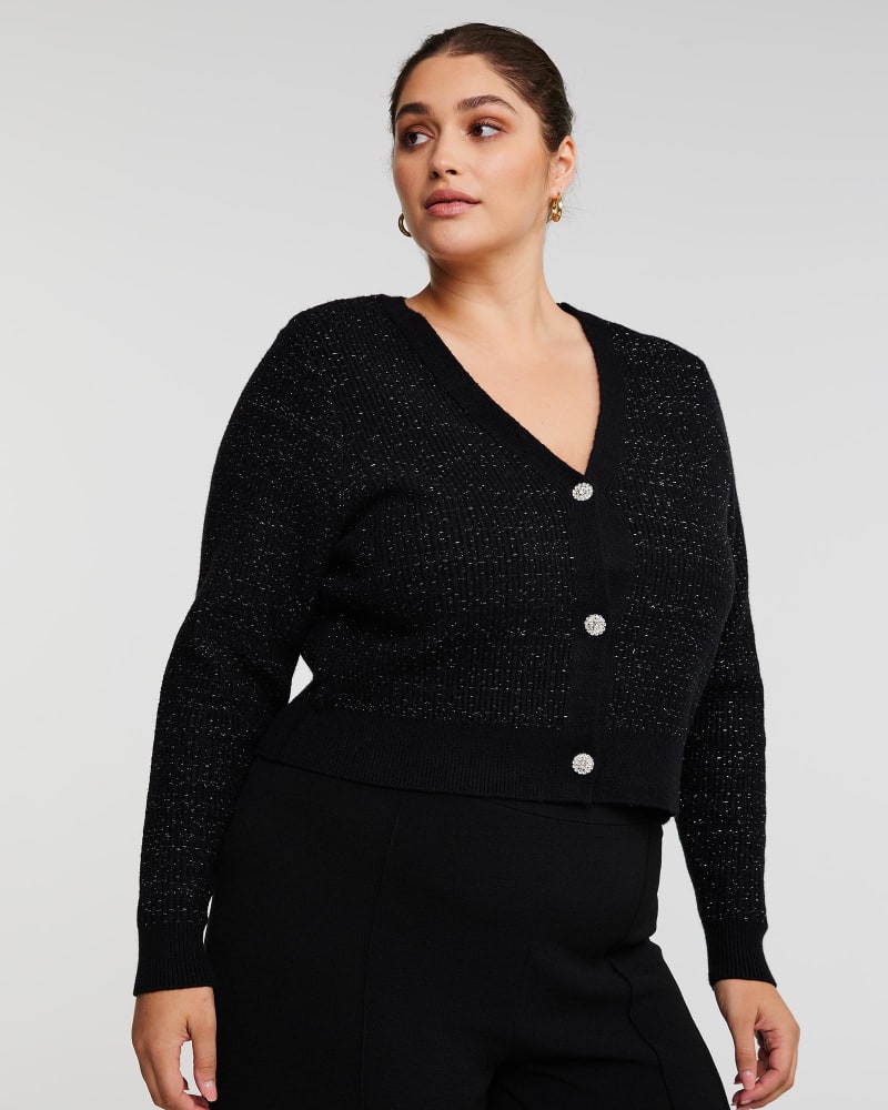 Front of a model wearing a size 18W Abbey Cardigan in Black/Silver by Estelle. | dia_product_style_image_id:315760